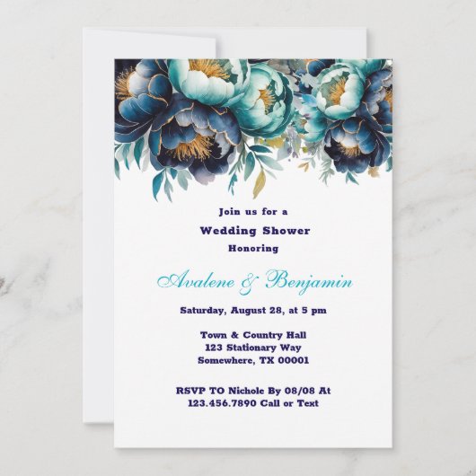 Invitation Wedding shower de la Peony bleu marine turquoise (Devant)