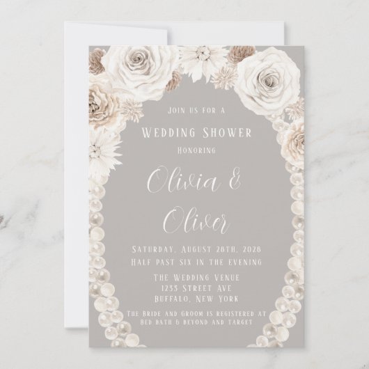 Invitation Wedding shower de perles florales blanches gris be (Devant)