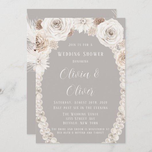 Invitation Wedding shower de perles florales blanches gris be (Devant / Derrière)