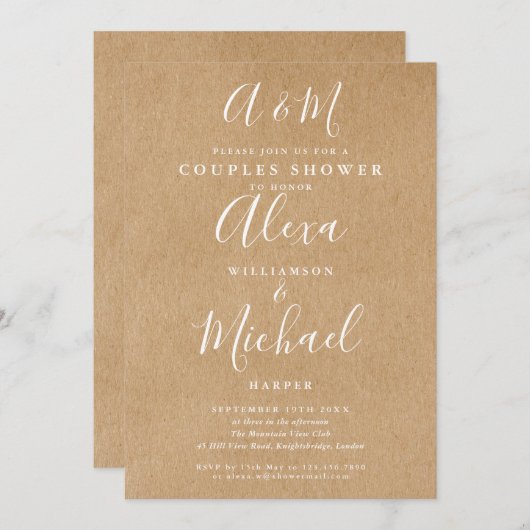 Invitation Wedding shower de script Monogramme Kraft Couples (Devant / Derrière)