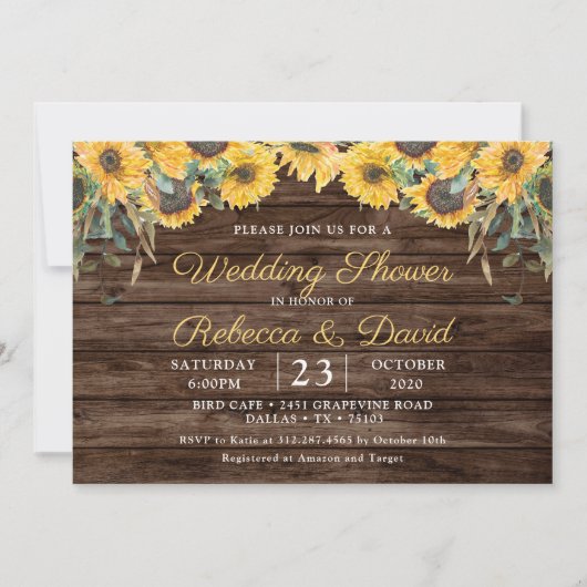 Invitation Wedding shower de tournesol en bois rustique (Devant)