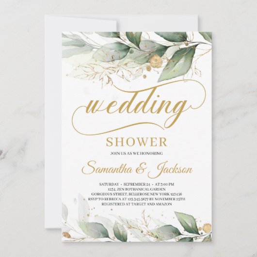 Invitation Wedding shower d'or feuille d'eucalyptus vert (Devant)