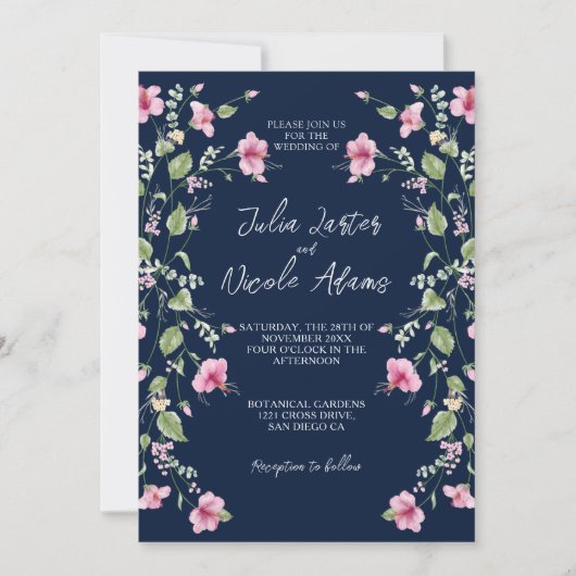 Invitation Wedding shower en fleur d'Hibiscus rose bleu marin (Devant)