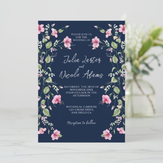 Invitation Wedding shower en fleur d'Hibiscus rose bleu marin (Debout devant)
