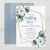 Invitation Wedding shower floral bleu bleu géométrique doré (Devant / Derrière)
