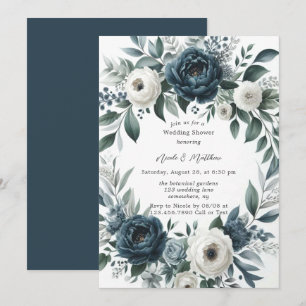 Invitation Wedding shower floral bleu marine et argent ivoire