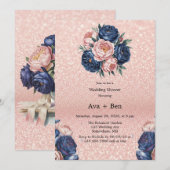 Invitation Wedding shower floral bleu marine et Rose or (Devant / Derrière)