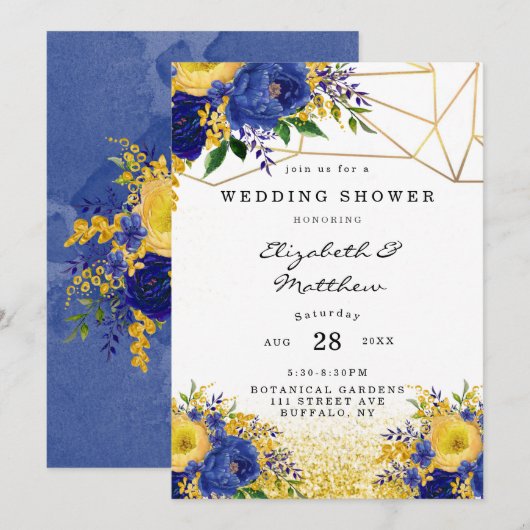 Invitation Wedding shower floral peint en or jaune bleu (Devant / Derrière)