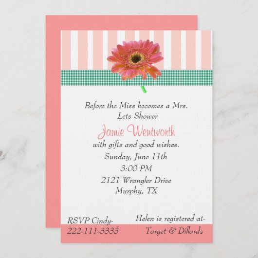 Invitation Wedding shower Gerber Daisy (Devant / Derrière)