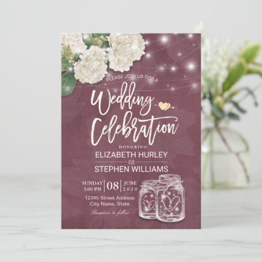 Invitation Wedding shower Mason Jar Hydrangea Lumières Bourgo (Debout devant)