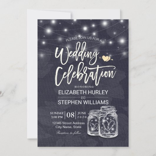 Invitation Wedding shower Mason Jar String Light Floral Linen (Devant)