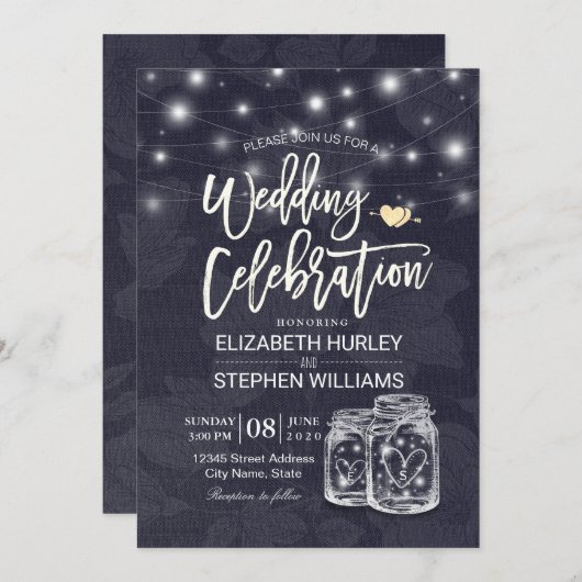 Invitation Wedding shower Mason Jar String Light Floral Linen (Devant / Derrière)