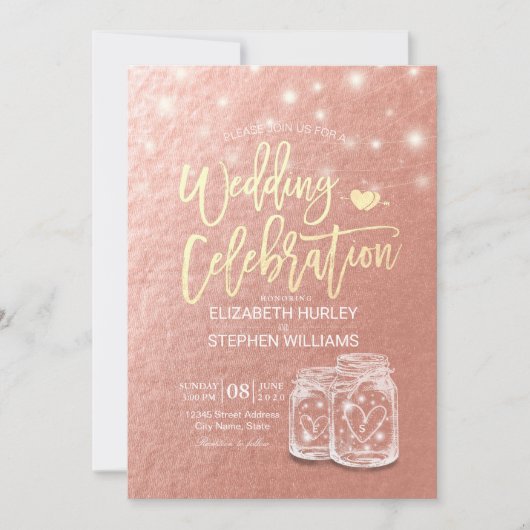 Invitation Wedding shower Mason Jars String Lights Rose Gold (Devant)