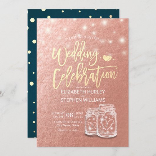 Invitation Wedding shower Mason Jars String Lights Rose Gold (Devant / Derrière)