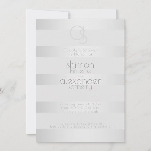Invitation Wedding shower | Monogramme à rayures argentées lu (Devant)