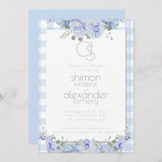 Invitation Wedding shower | Monogramme, bleu floral peint (Devant / Derrière)