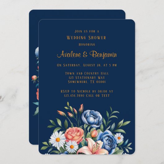 Invitation Wedding shower Navy Blue and Orange Peony (Devant / Derrière)