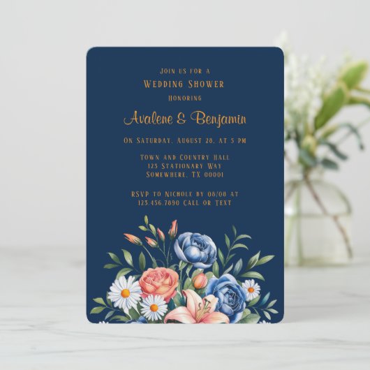 Invitation Wedding shower Navy Blue and Orange Peony (Debout devant)