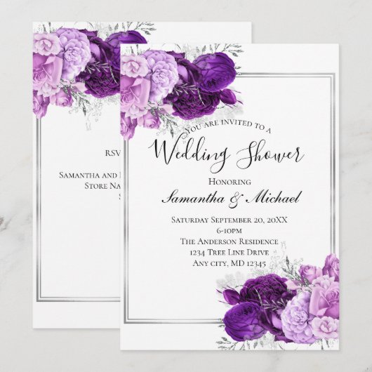 Invitation Wedding shower officiel élégant en argent violet (Devant / Derrière)