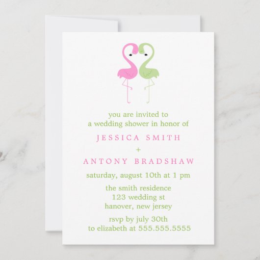 Invitation Wedding shower rose et vert de couples de Flamants (Devant)