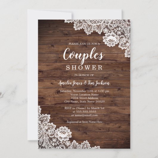 Invitation Wedding shower Rustique Couples en dentelle de boi (Devant)