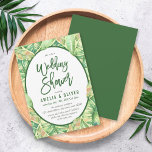 Invitation Wedding shower tropical Feuille vert<br><div class="desc">Invitation Wedding shower tropicale avec feuilles d'aquarelle verte tropicale avec le mot "Wedding shower" en vert. C'est la carte parfaite pour une douche tropicale à deux. La carte comprend un côté arrière avec la couleur verte correspondante. Consultez les éléments correspondants comme les autocollants et les timbres ici https://www.zazzle.com/collections/green_watercolor_leaves_tropical_collection-119860212866787344?rf=238364477188679314 Personnalisez-le en...</div>