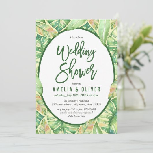 Invitation Wedding shower tropical Feuille vert (Debout devant)