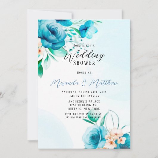 Invitation Wedding shower turquoise et Peach Watercolor Flora (Devant)