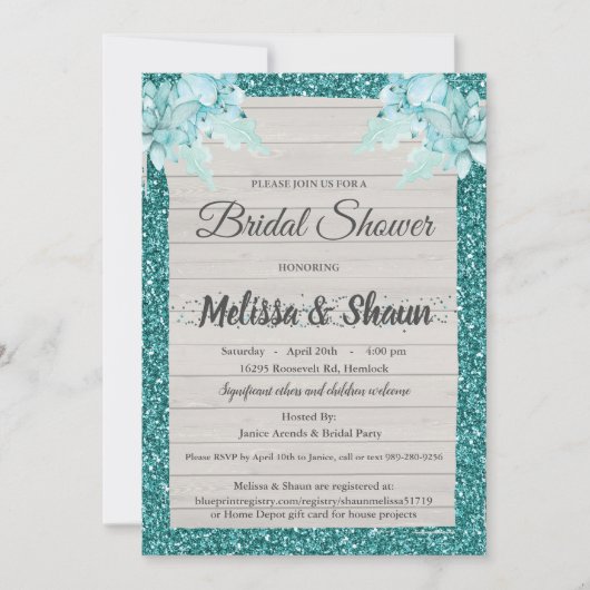 Invitation Wedding shower - Turquoise Rustic Bling (Devant)