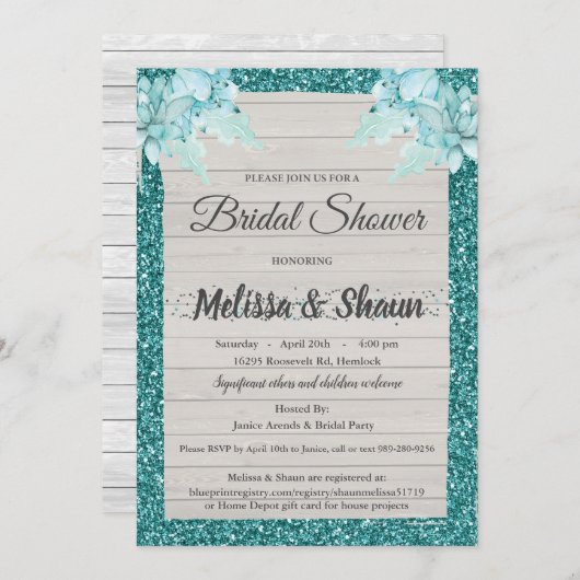 Invitation Wedding shower - Turquoise Rustic Bling (Devant / Derrière)