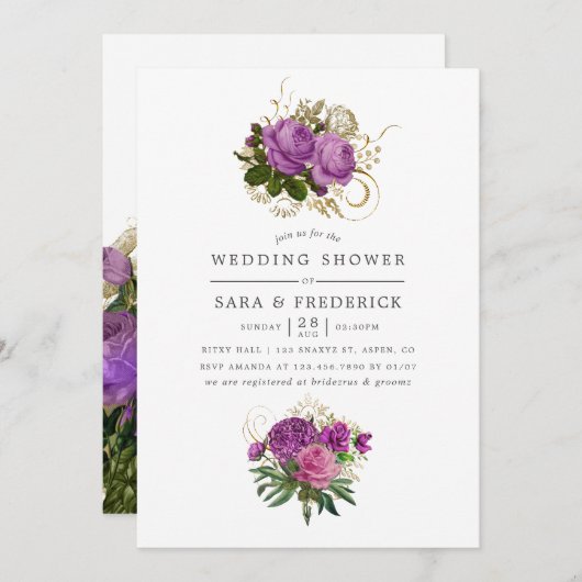 Invitation Wedding shower Vintage violet et or (Devant / Derrière)