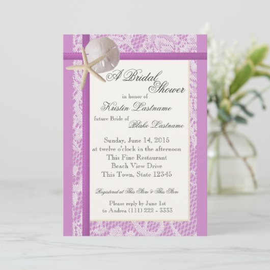 Invitation Wedding shower violet à thème Océan (Debout devant)