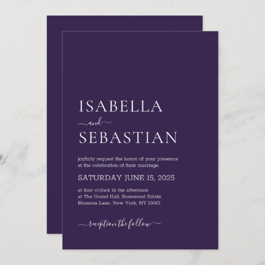 Invitation Wedding Simple Deep Violet (Devant / Derrière)