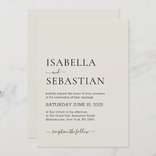 Invitation Wedding Simple Modern Linen Ivory (Devant / Derrière)