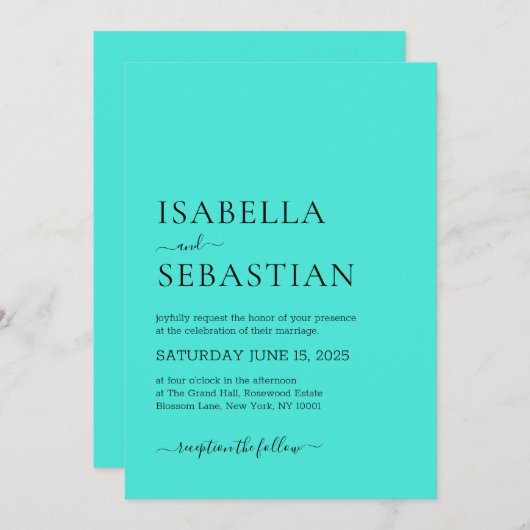 Invitation Wedding Simple Modern Turquoise (Devant / Derrière)