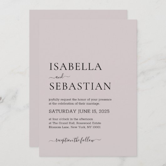 Invitation Wedding Simple Soft Rose (Devant / Derrière)