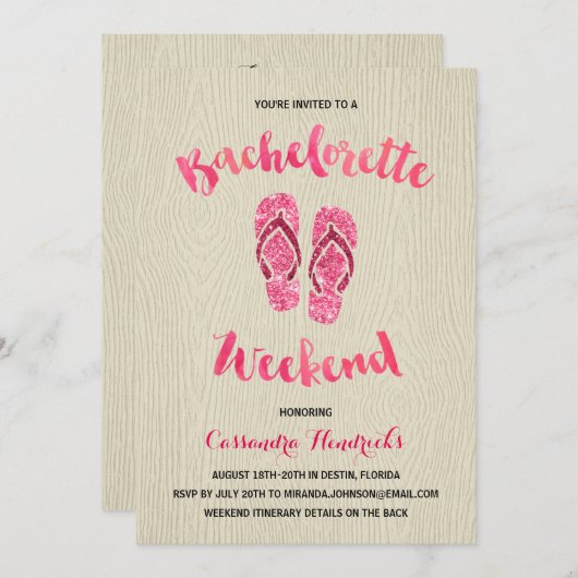 Invitation Week-end Bachelorette avec Parties scintillant ros (Devant / Derrière)