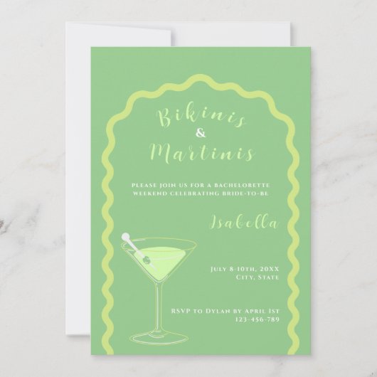 Invitation Week-End Bikinis Et Martinis Green Bachelorette (Devant)