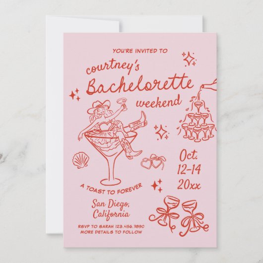 Invitation Week-end de Bachelorette Cowgirl Dessiné à la Main (Devant)