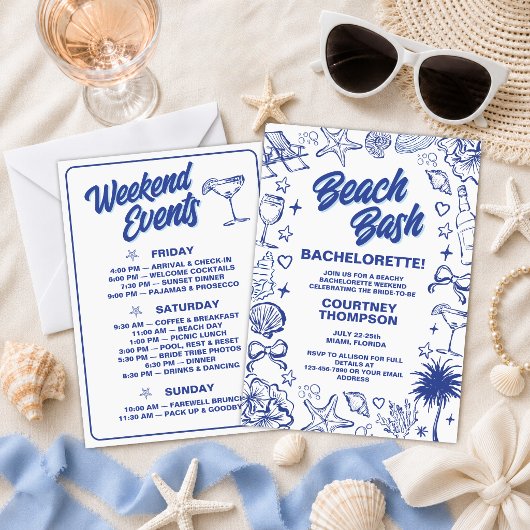 Invitation Week-end de célibataire Bash Blue Plage Dessinée à