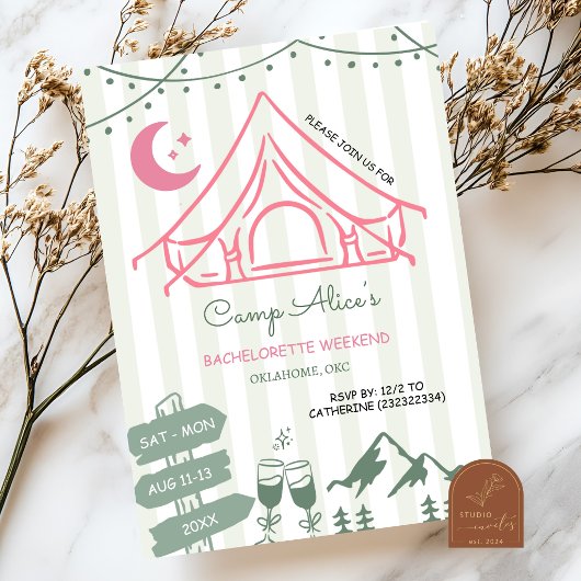 Invitation Week-end de célibataire camping dessiné à la main