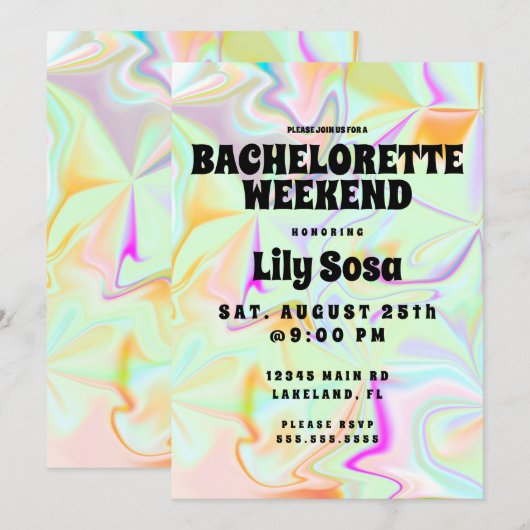 Invitation Week-end de célibataire holographique groovy (Devant / Derrière)