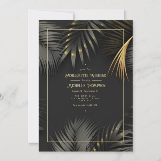 Invitation Week-end de célibataire tropical noir et or (Devant)