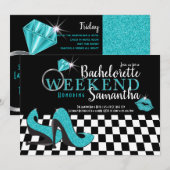 Invitation Week-end de jeune fille | noir et turquoise (Devant / Derrière)