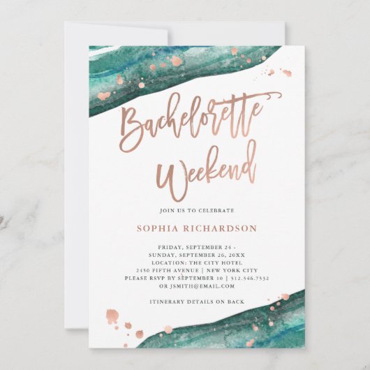 Invitation Week-end Gold Geode turquoise et Rose (Devant)