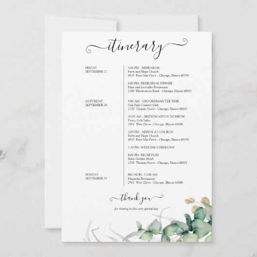 Invitation Week-end Mariage Itinéraire Verdure Eucalyptus (Dos)