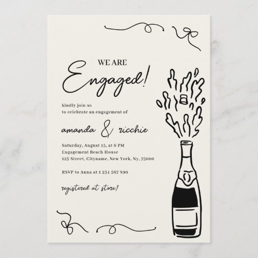 Invitation Were Engaged Hand Drawn Champagne Engagement Party (Devant)