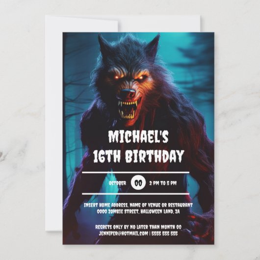 Invitation Werewolf homme nuit forêt halloween anniversaire a (Devant)