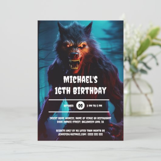 Invitation Werewolf homme nuit forêt halloween anniversaire a (Debout devant)