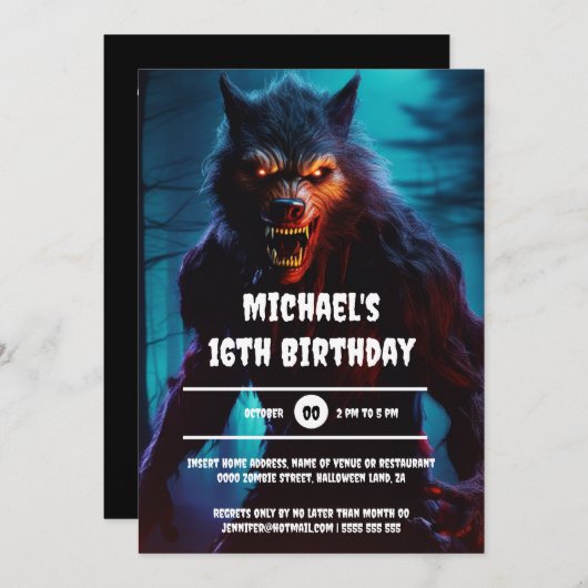 Invitation Werewolf homme nuit forêt halloween anniversaire a (Devant / Derrière)